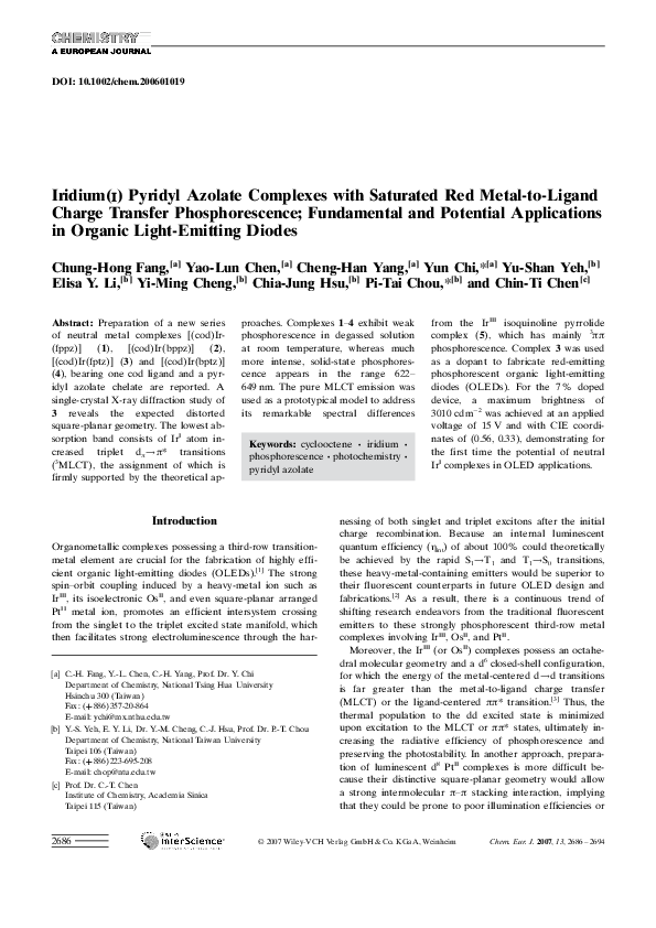 (PDF) Iridium(I) Pyridyl Azolate Complexes with Saturated Red Metal-to ...