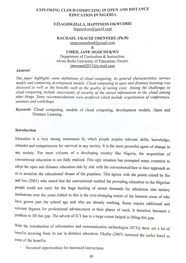 (PDF) EXPLORING CLOUD COMPUTING IN OPEN AND DISTANCE EDUCATION IN NIGERIA#