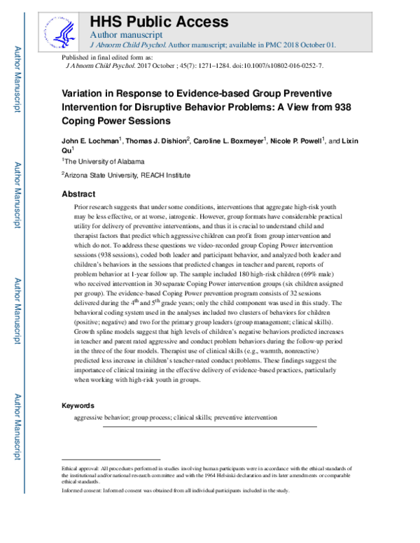 (PDF) Variation in Response to Evidence-Based Group Preventive ...