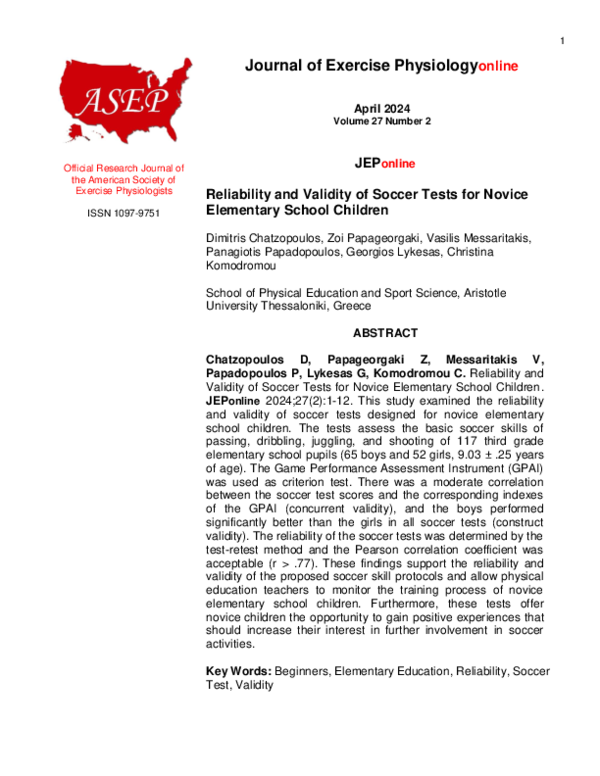 (PDF) Reliability and Validity of Soccer Tests for Novice Elementary ...