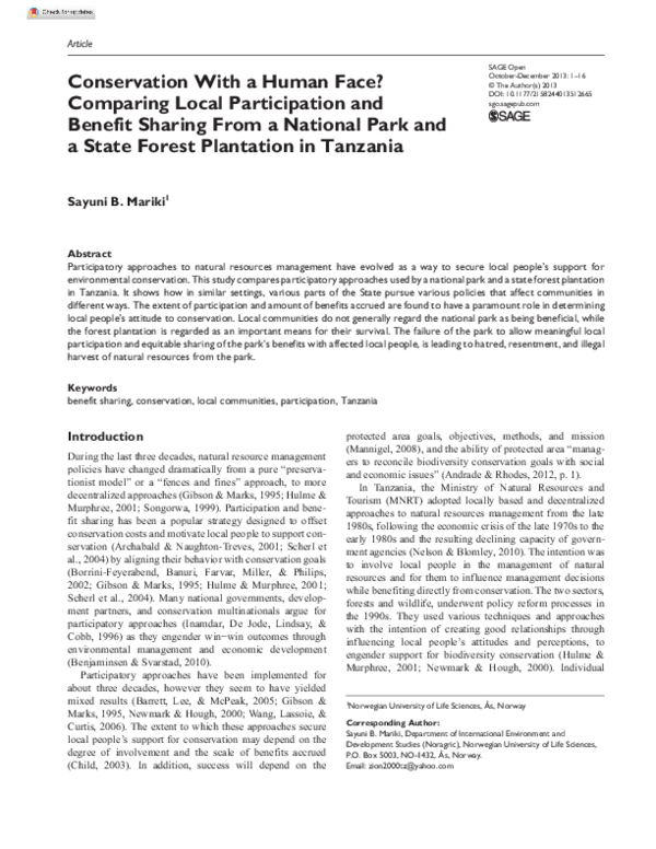 (PDF) Conservation With a Human Face? Comparing Local Participation and ...
