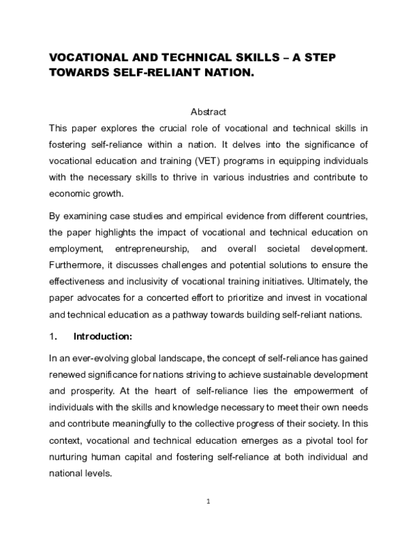 (PDF) VOCATIONAL AND TECHNICAL SKILLS -A STEP TOWARDS SELF-RELIANT NATION