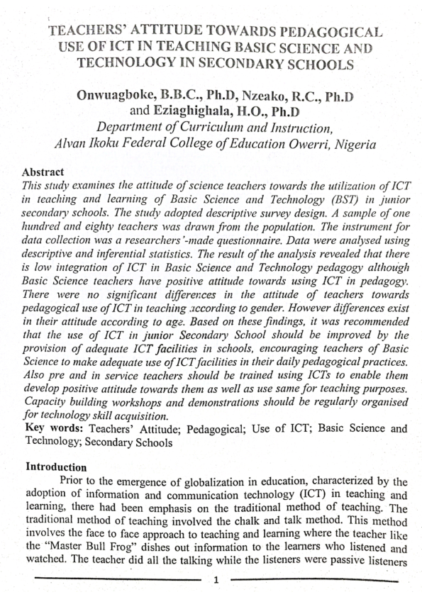 (PDF) TEACHERS' ATTITUDE TOWARDS PEDAGOGICAL USE OF ICT IN TEACHING ...
