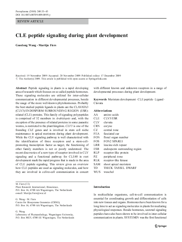 (PDF) CLE peptide signaling during plant development