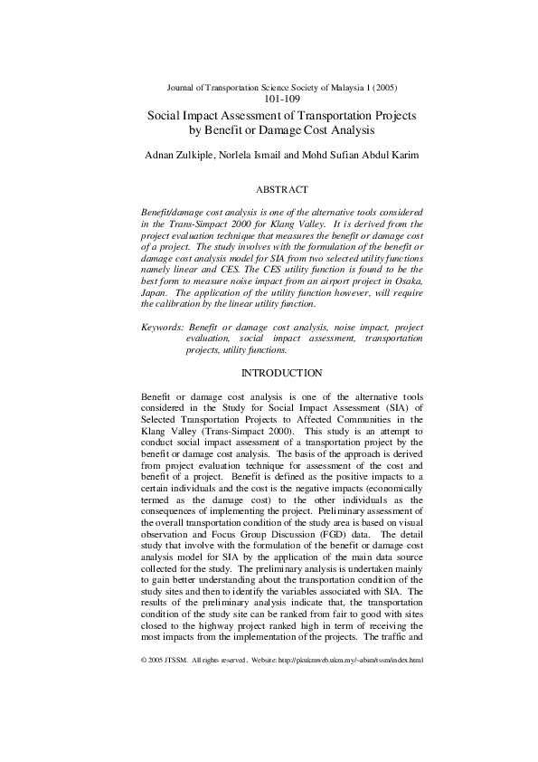 (PDF) Social Impact Assessment of Transportation Projects by Benefit or ...