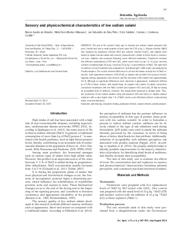 (PDF) Sensory and physicochemical characteristics of low sodium salami