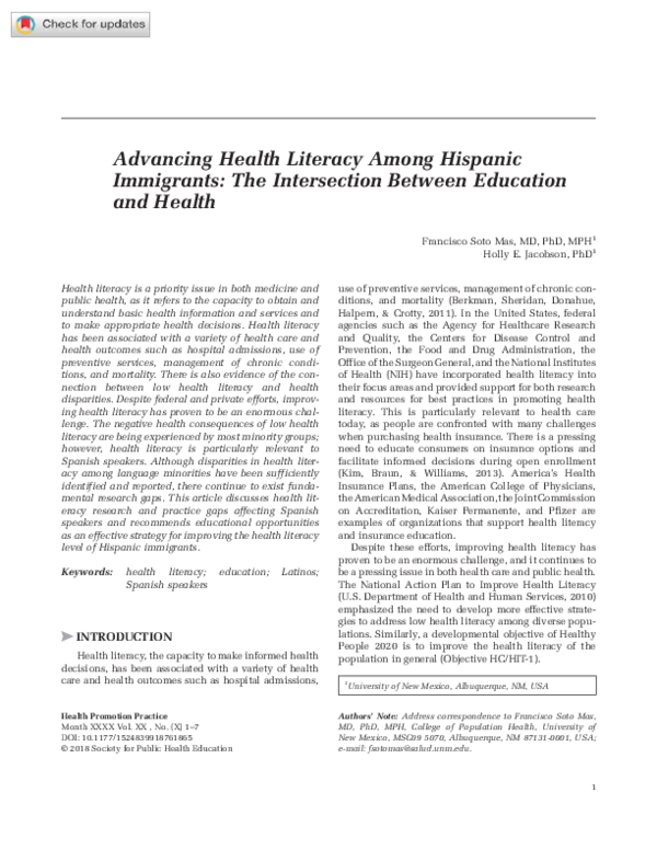 (PDF) Advancing Health Literacy Among Hispanic Immigrants: The ...