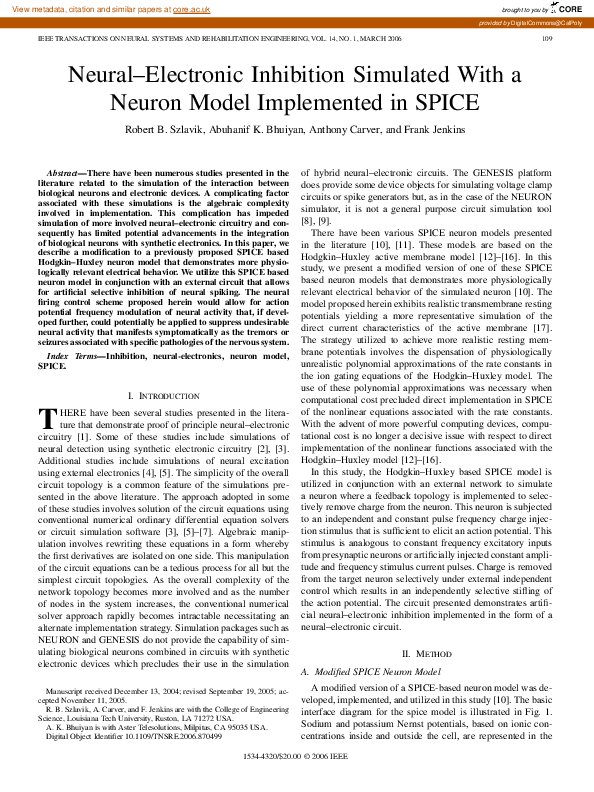 (PDF) Neural-electronic inhibition simulated with a neuron model ...