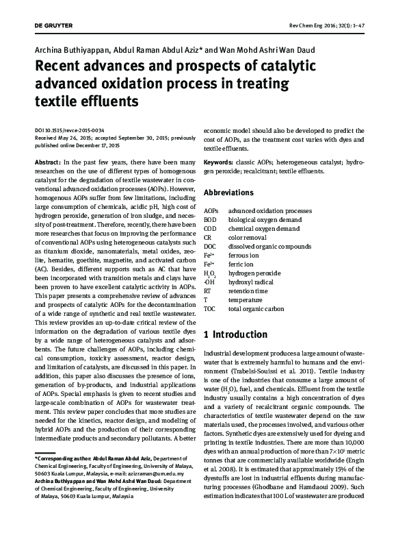 (PDF) Recent advances and prospects of catalytic advanced oxidation ...