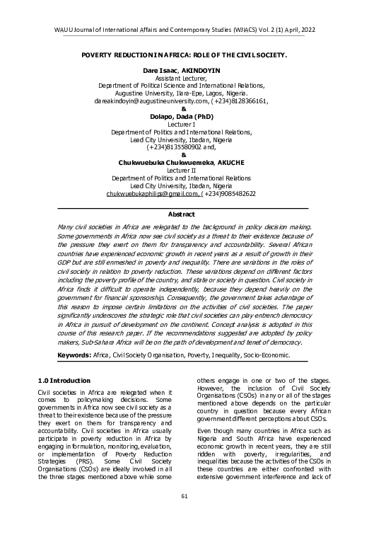 (PDF) POVERTY REDUCTION IN AFRICA ROLE OF THE CIVIL SOCIETY