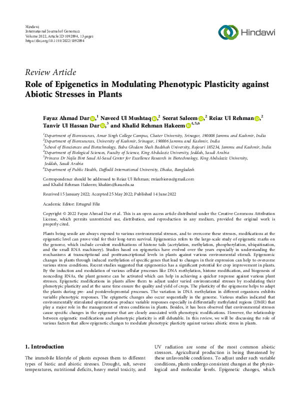 (PDF) Role of Epigenetics in Modulating Phenotypic Plasticity against ...