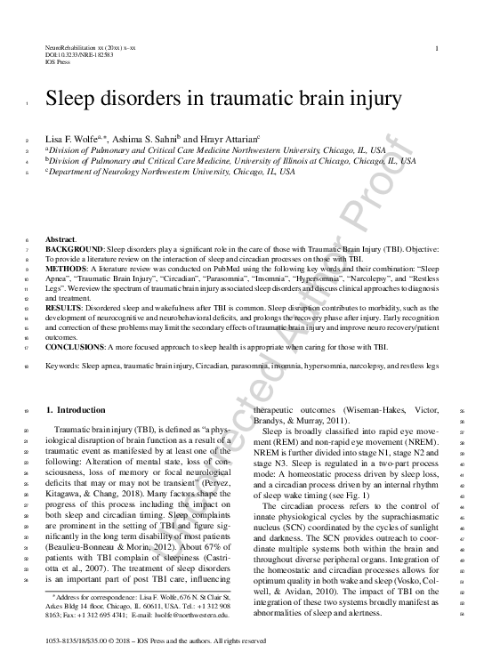 (PDF) Sleep Disorders in Traumatic Brain Injury