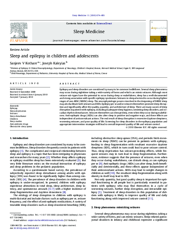 (PDF) Sleep and epilepsy in children and adolescents