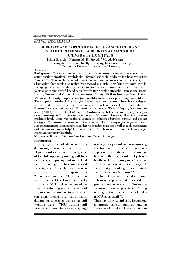 (PDF) Burnout and Coping Strategies Among Nursing Staff in Intensive ...