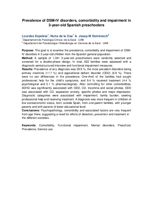 (PDF) Prevalence of DSM-IV disorders, comorbidity and impairment in 3 ...