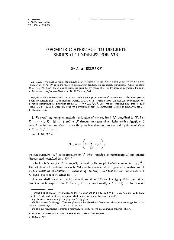 (PDF) Geometric approach to discrete series of unirreps for Vir