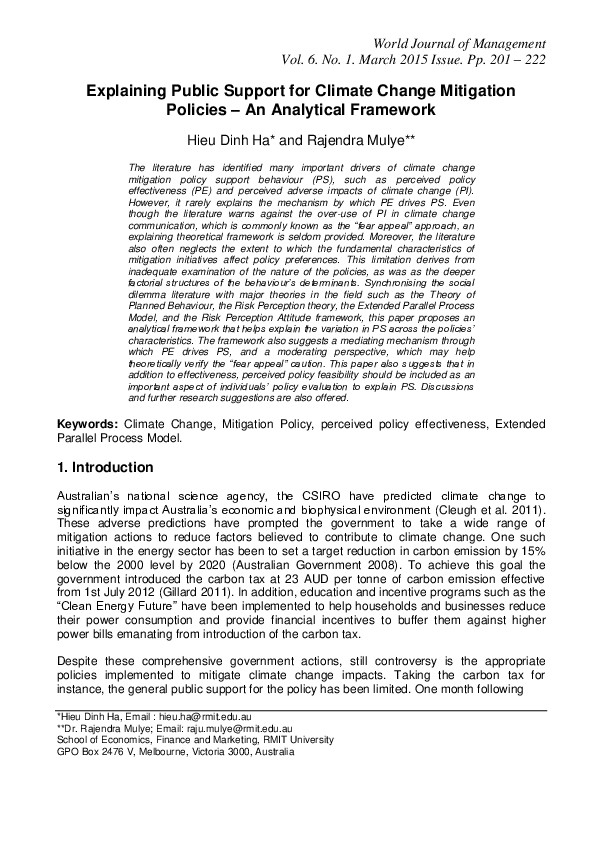 (PDF) Explaining Public Support for Climate Change Mitigation Policies ...