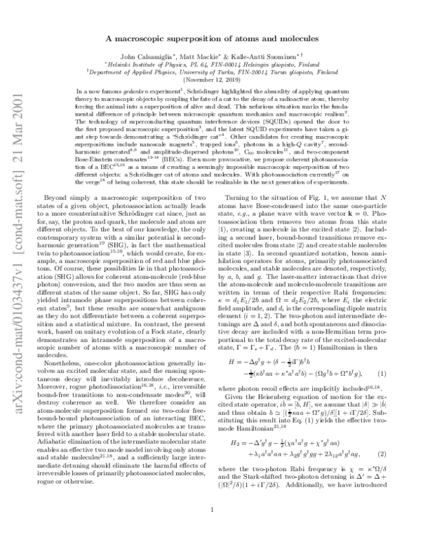 (PDF) A macroscopic superposition of atoms and molecules
