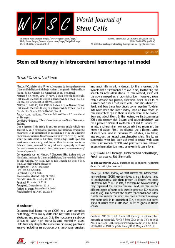 (PDF) Stem cell therapy in intracerebral hemorrhage rat model