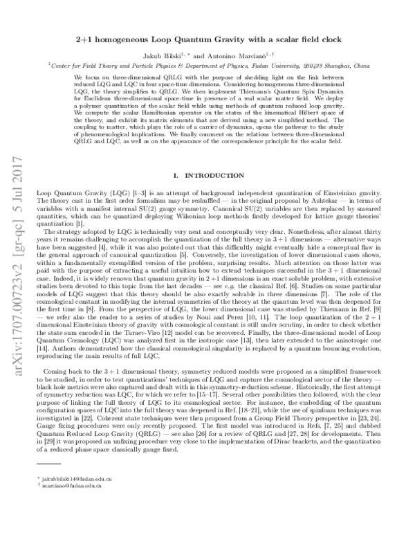 (PDF) 2+1 homogeneous Loop Quantum Gravity with a scalar field clock