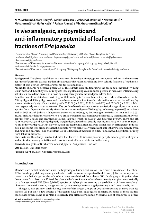 (PDF) In vivo analgesic, antipyretic and anti-infllammatory potential ...