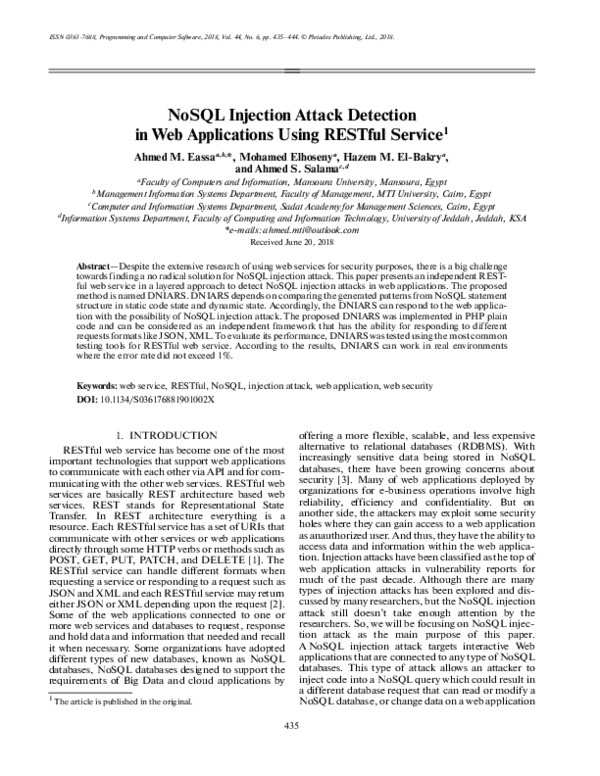 (PDF) NoSQL Injection Attack Detection in Web Applications Using ...
