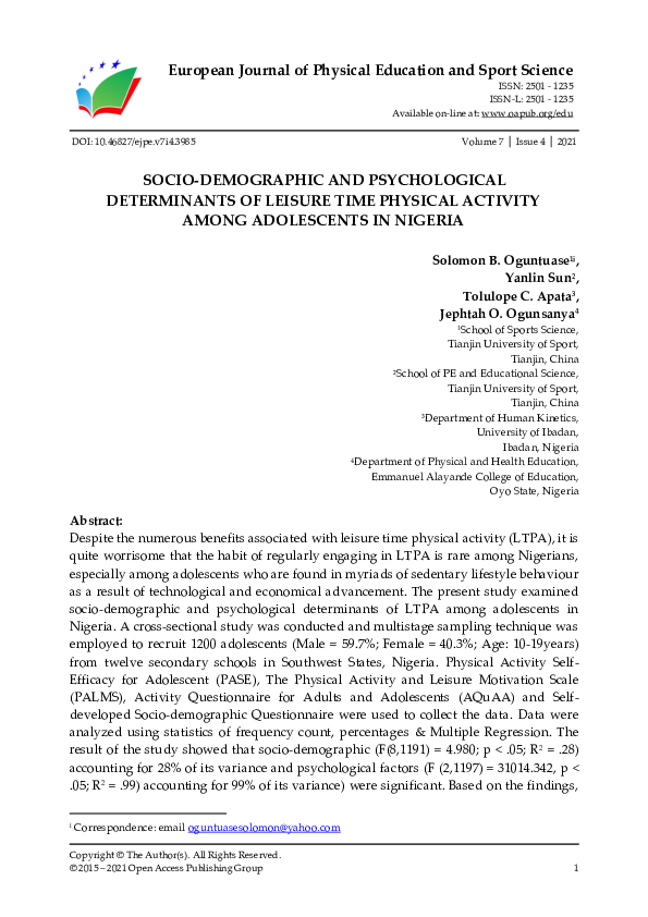 (PDF) Socio-Demographic and Psychological Determinants of Leisure Time ...