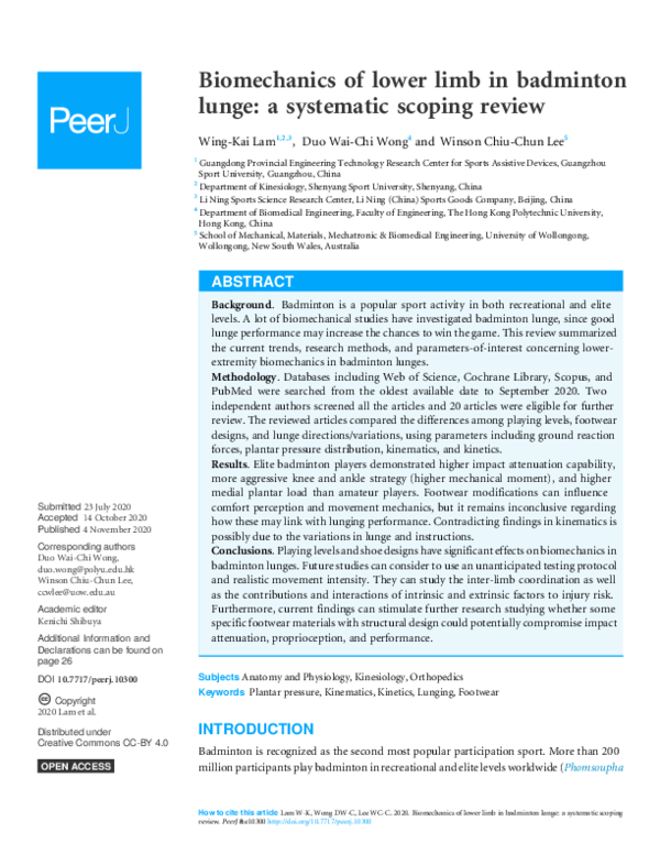 (PDF) Biomechanics of lower limb in badminton lunge: a systematic ...