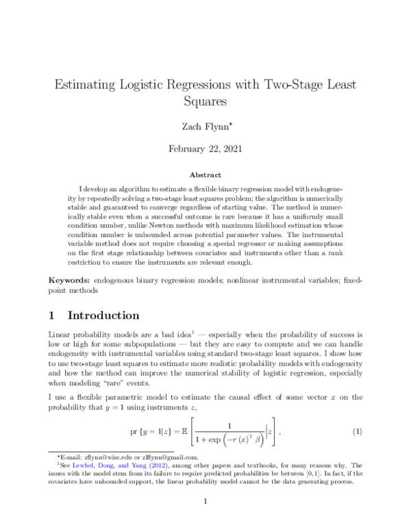 (PDF) Estimating Logistic Regressions with Two Stage Least Squares