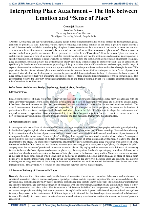(PDF) Interpreting Place Attachment -The link between Emotion and ...