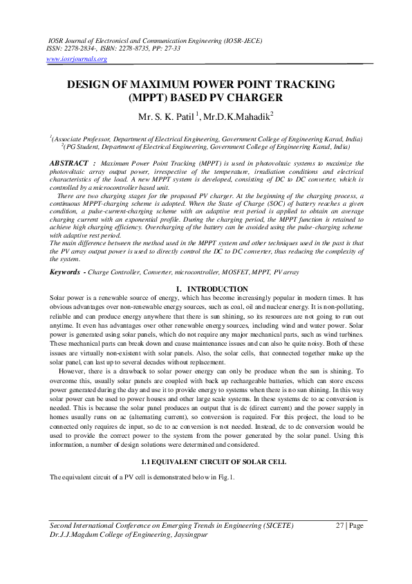 (PDF) Design of Maximum Power Point Tracking ( MPPT ) Based PV Charger