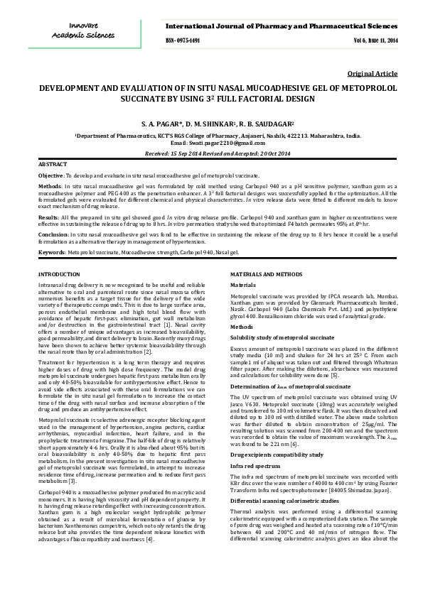 (PDF) DEVELOPMENT AND EVALUATION OF IN SITU NASAL MUCOADHESIVE GEL OF ...