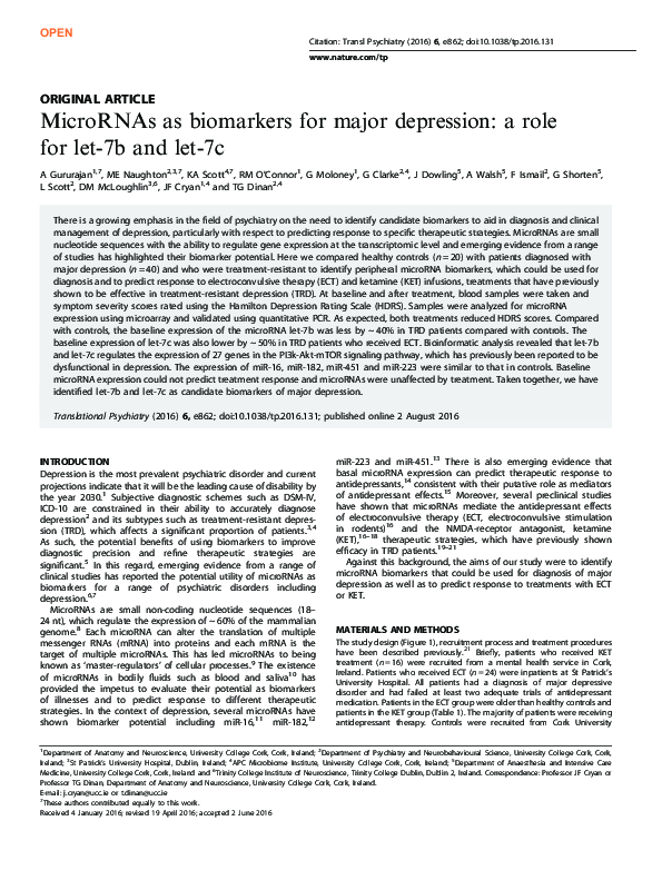 (PDF) MicroRNAs as biomarkers for major depression: a role for let-7b ...