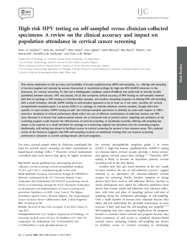 (PDF) High‐risk HPV testing on self‐sampled versus clinician‐collected ...