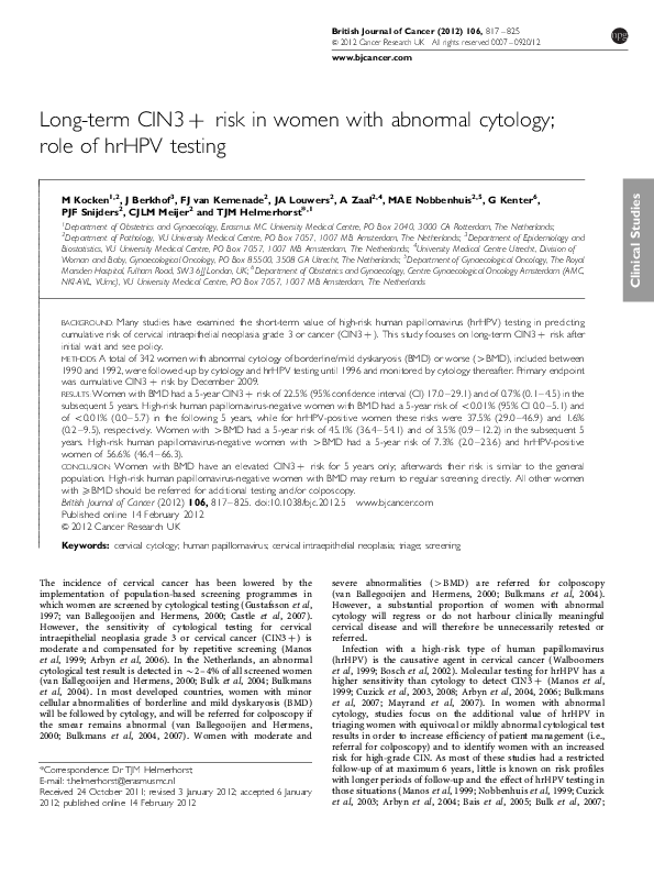 (PDF) Long-term CIN3+ risk in women with abnormal cytology; role of ...