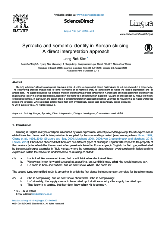(PDF) Syntactic and semantic identity in Korean sluicing: A direct ...