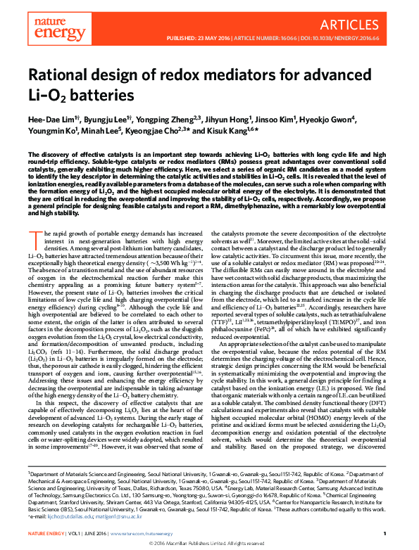 (PDF) Rational design of redox mediators for advanced Li–O2 batteries