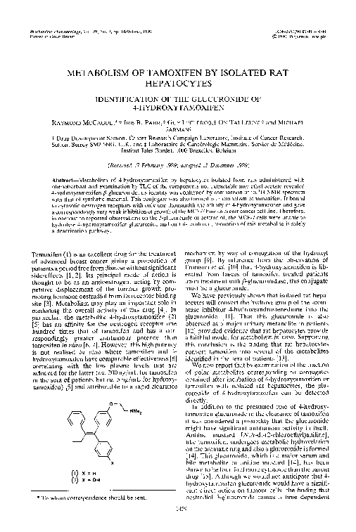 (PDF) Metabolism of tamoxifen by isolated rat hepatocytes