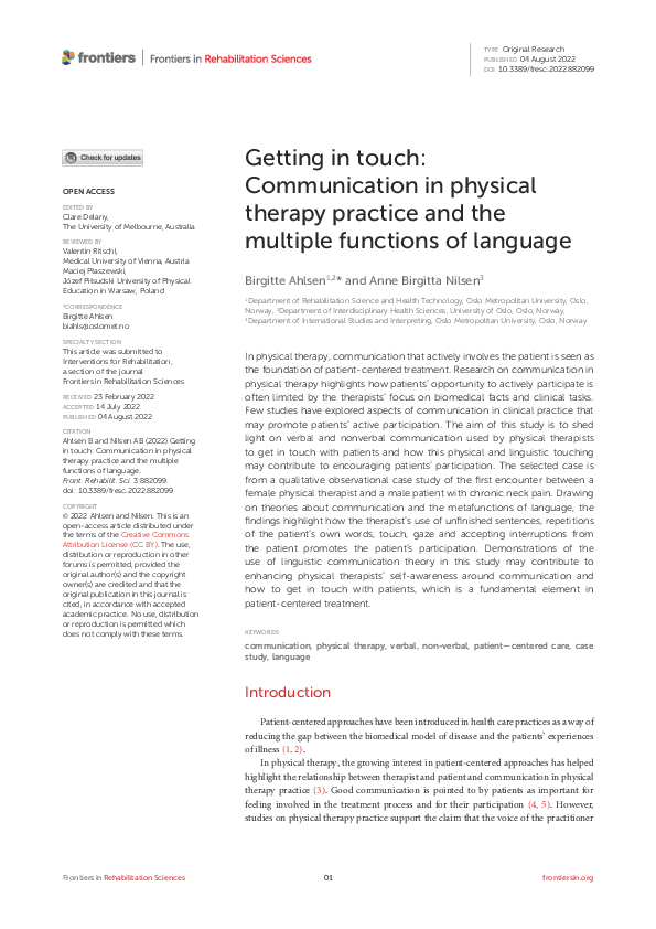 (PDF) Getting in touch: Communication in physical therapy practice and ...