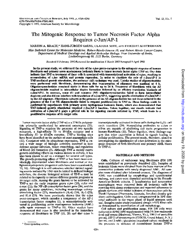 (PDF) The mitogenic response to tumor necrosis factor alpha requires c ...