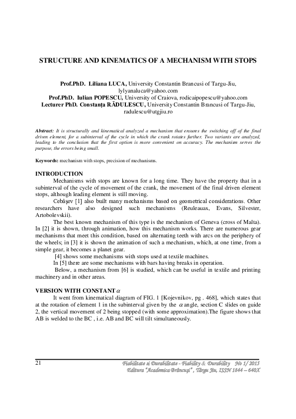 (PDF) Structure and Kinematics of a Mechanism with Stops