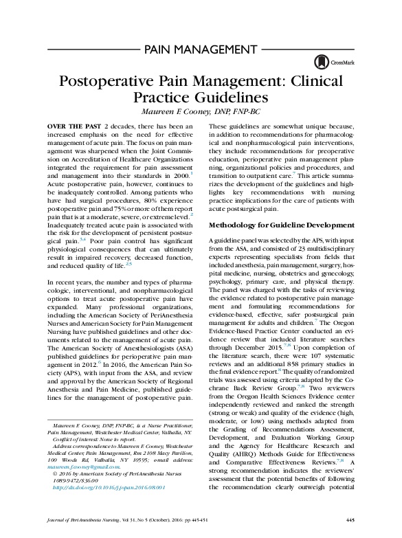 (PDF) Postoperative Pain Management: Clinical Practice Guidelines