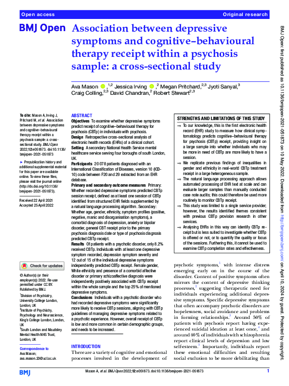(PDF) Association between depressive symptoms and cognitive–behavioural ...