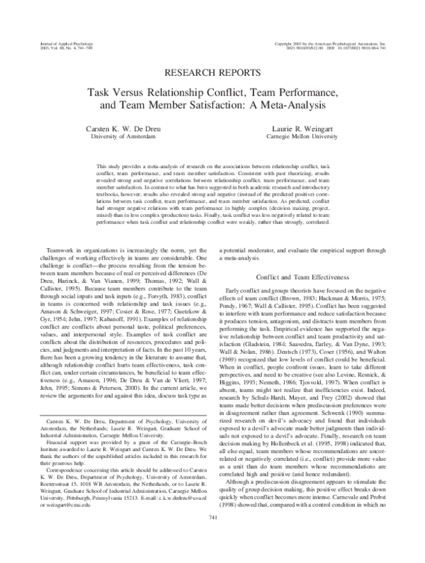 (PDF) Task versus relationship conflict, team performance, and team ...