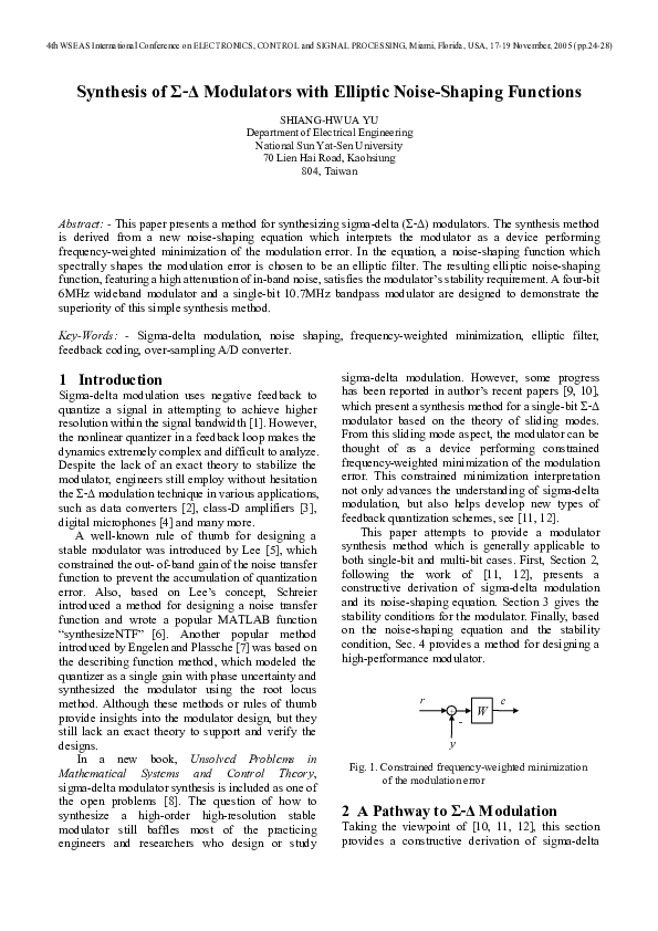 (PDF) Synthesis of Σ-Δ modulators with elliptic noise-shaping functions