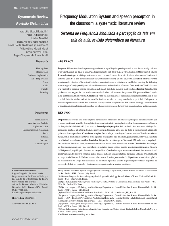(PDF) Frequency Modulation System and speech perception in the ...