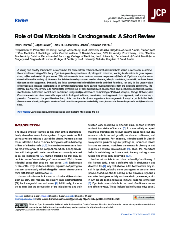 (PDF) Role of Oral Microbiota in Carcinogenesis: A Short Review