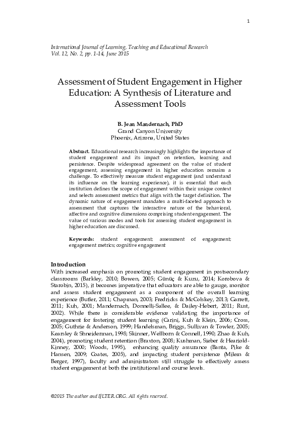 (PDF) Assessment of Student Engagement in Higher Education: A Synthesis ...