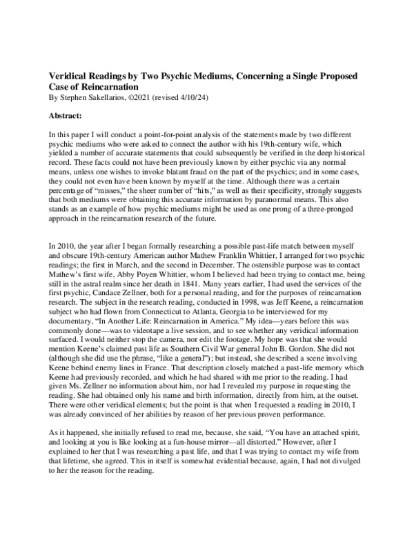 (PDF) Veridical Readings by Two Psychic Mediums, Concerning a Single ...