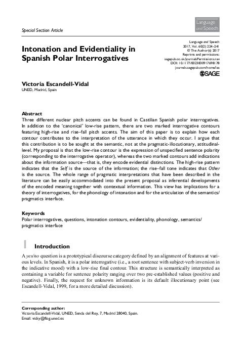 (PDF) Intonation and Evidentiality in Spanish Polar Interrogatives